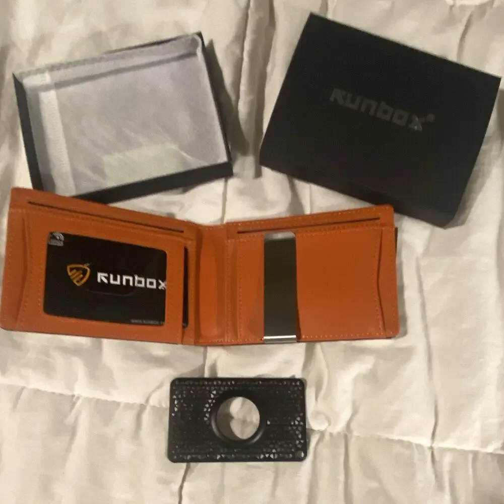 RUNBOX Men's Brown Slim Bifold Wallet with Money Clip, Solid Logo Accent